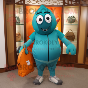 Teal Mango mascot costume character dressed with a Rash Guard and Handbags