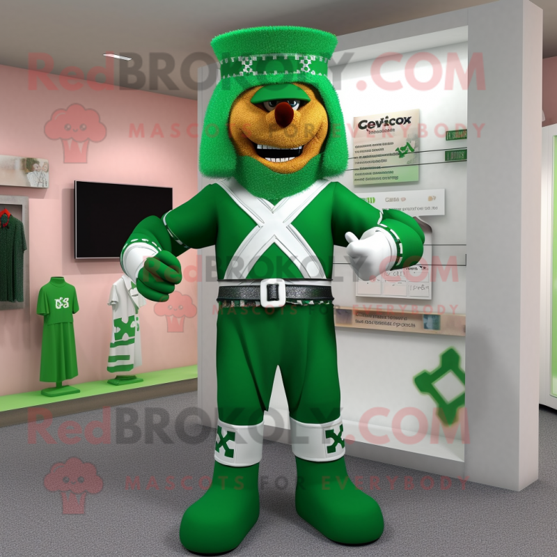 Green Celtic Cross mascot costume character dressed with a Capri Pants and Belts Green Celtic Cross mascot costume character dressed with a Capri Pants and Belts