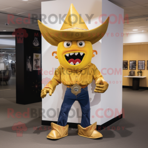 Gold Demon mascot costume character dressed with a Bootcut Jeans and Hat pins