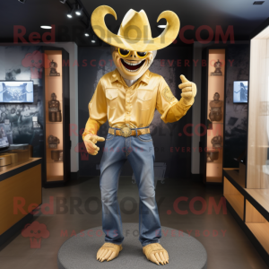 Gold Demon mascot costume character dressed with a Bootcut Jeans and Hat pins