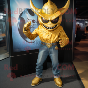 Gold Demon mascot costume character dressed with a Bootcut Jeans and Hat pins