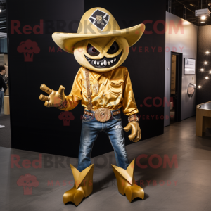 Gold Demon mascot costume character dressed with a Bootcut Jeans and Hat pins