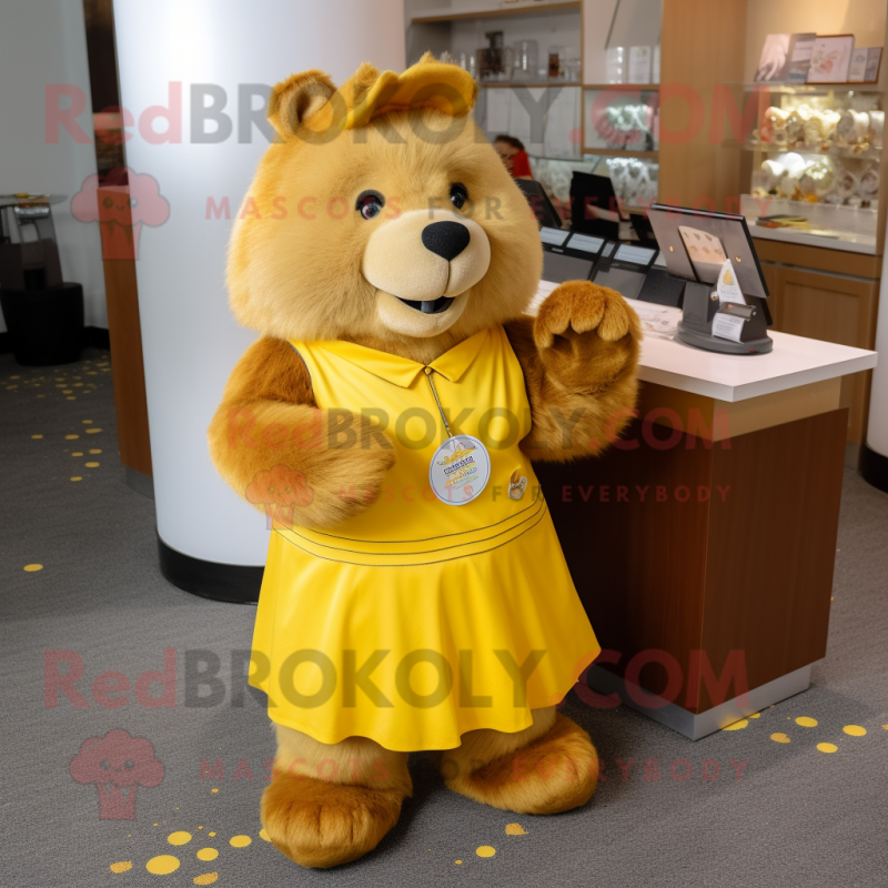 Yellow Beaver mascot costume character dressed with a A-Line Skirt and Keychains