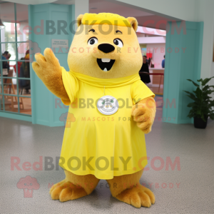 Yellow Beaver mascot costume character dressed with a A-Line Skirt and Keychains
