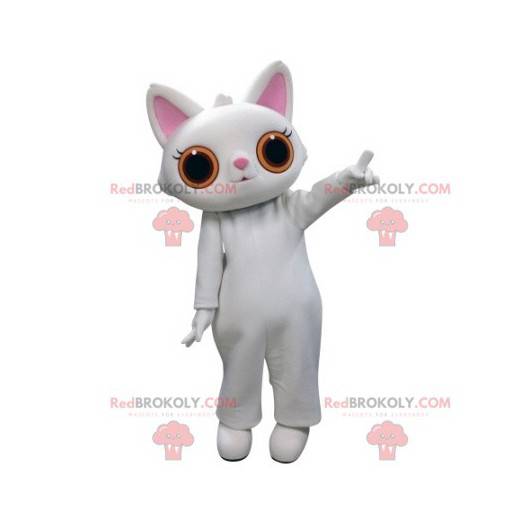 Mascote gato branco com grandes olhos laranja - Redbrokoly.com