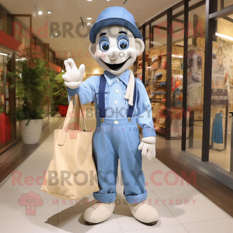 Cream Mime mascot costume character dressed with a Chambray Shirt and Tote bags Cream Mime mascot costume character dressed with a Chambray Shirt and Tote bags