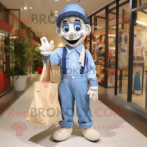 Cream Mime mascot costume character dressed with a Chambray Shirt and Tote bags