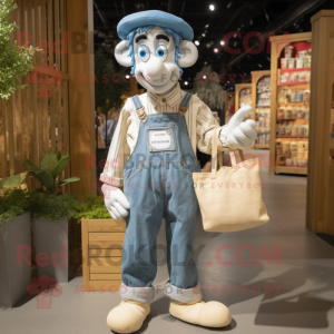 Cream Mime mascot costume character dressed with a Chambray Shirt and Tote bags