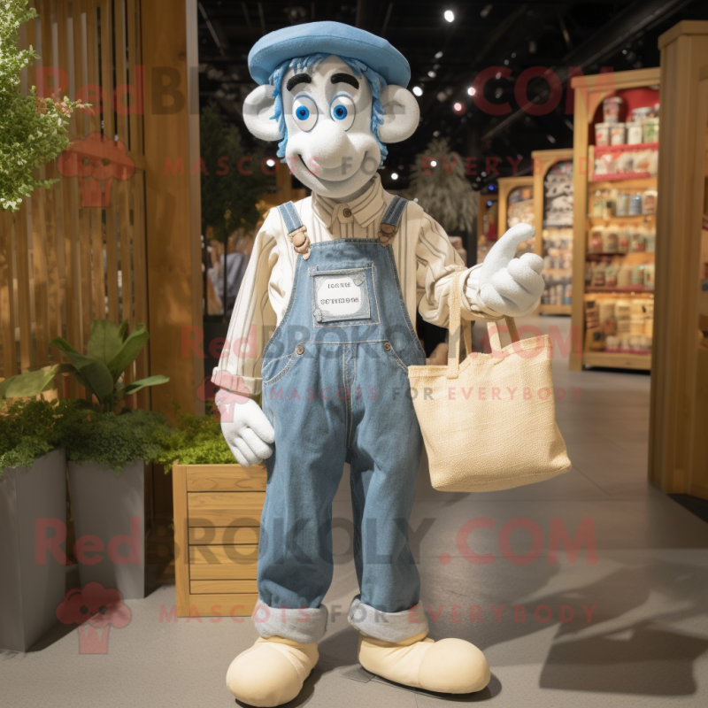 Cream Mime mascot costume character dressed with a Chambray Shirt and Tote bags Cream Mime mascot costume character dressed with a Chambray Shirt and Tote bags