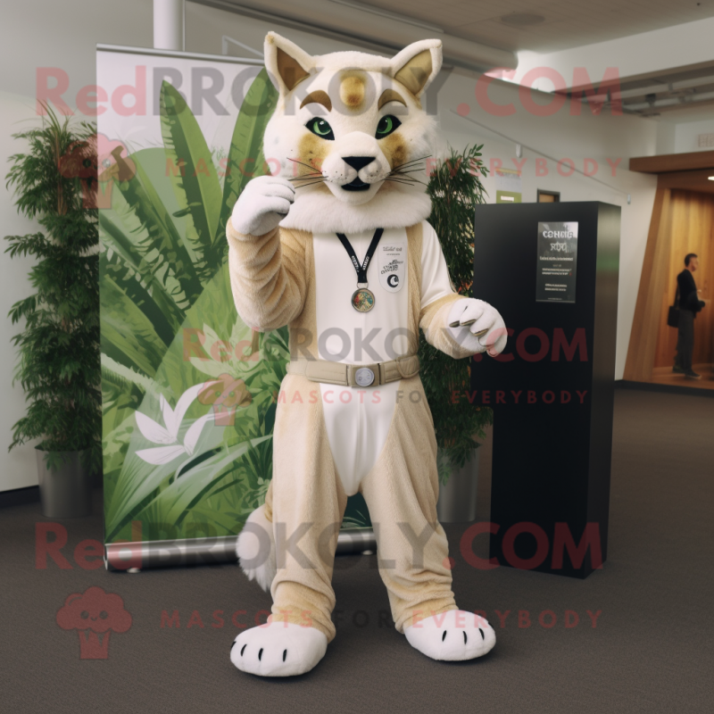 Cream Lynx mascot costume character dressed with a Trousers and Keychains