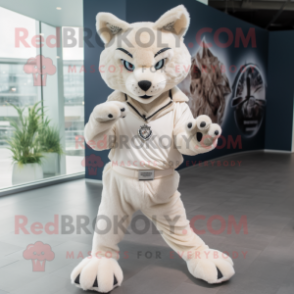 Cream Lynx mascot costume character dressed with a Trousers and Keychains