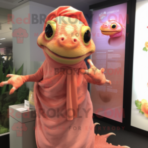 Peach Lizard mascot costume character dressed with a Cover-up and Headbands