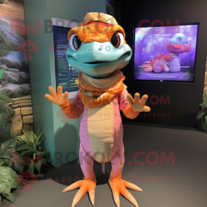 Peach Lizard mascot costume character dressed with a Cover-up and Headbands