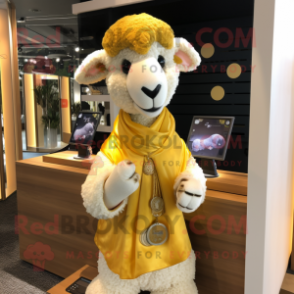 Gold Sheep mascot costume character dressed with a V-Neck Tee and Scarves