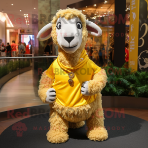 Gold Sheep mascot costume character dressed with a V-Neck Tee and Scarves