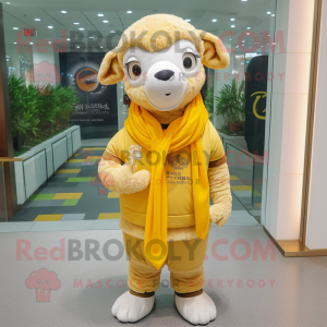 Gold Sheep mascot costume character dressed with a V-Neck Tee and Scarves