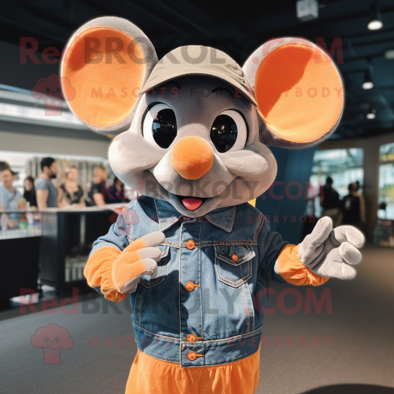Orange Mouse mascot costume character dressed with a Denim Shirt and Rings Orange Mouse mascot costume character dressed with a Denim Shirt and Rings
