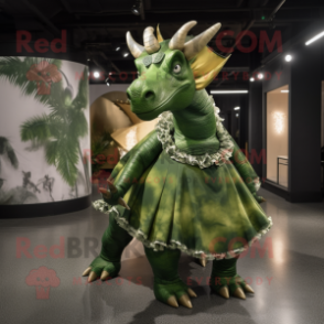 Forest Green Triceratops mascot costume character dressed with a Ball Gown and Belts