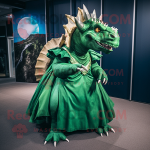 Forest Green Triceratops mascot costume character dressed with a Ball Gown and Belts