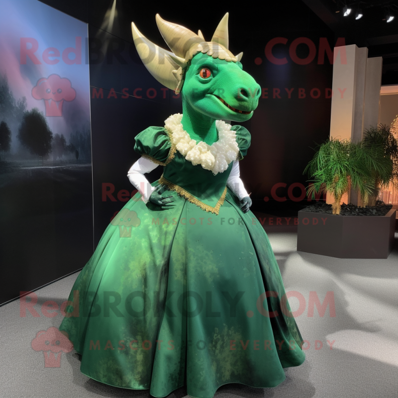 Forest Green Triceratops mascot costume character dressed with a Ball Gown and Belts Forest Green Triceratops mascot costume character dressed with a Ball Gown and Belts