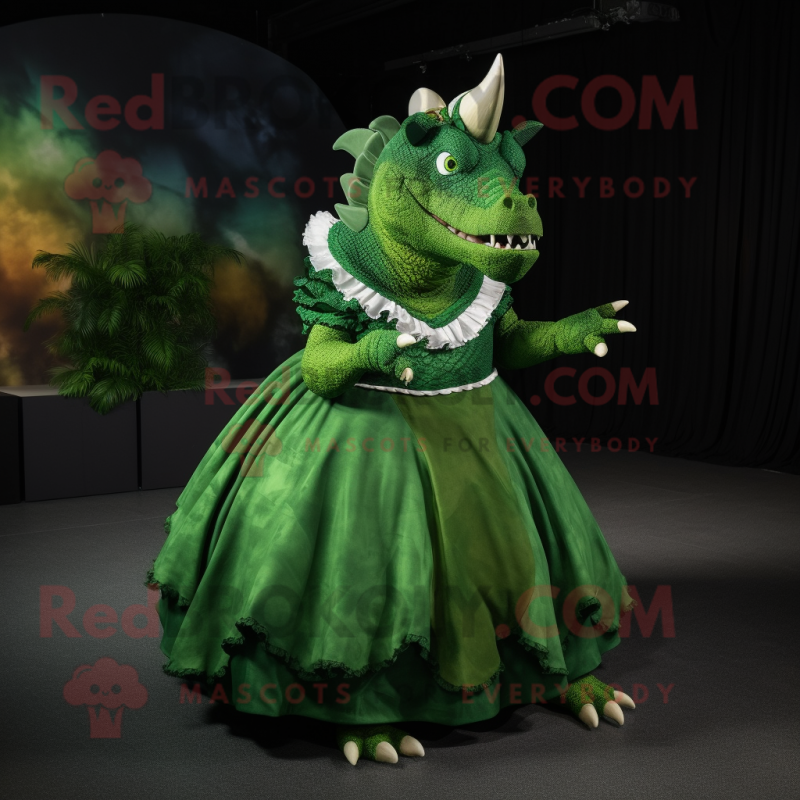 Forest Green Triceratops mascot costume character dressed with a Ball Gown and Belts