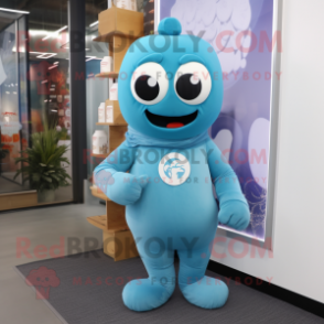 Cyan Scented Candle mascot costume character dressed with a Jumpsuit and Scarves