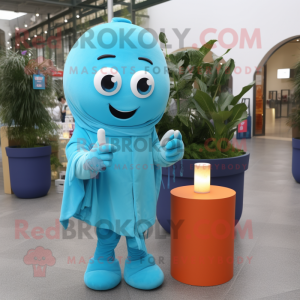 Cyan Scented Candle mascot costume character dressed with a Jumpsuit and Scarves