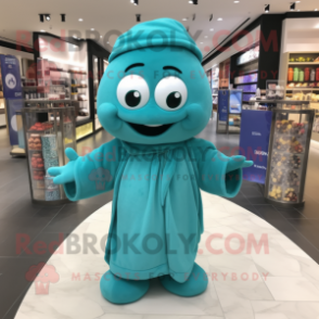 Cyan Scented Candle mascot costume character dressed with a Jumpsuit and Scarves