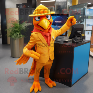 Orange Parrot mascot costume character dressed with a Suit and Wallets