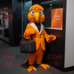 Orange Parrot mascot costume character dressed with a Suit and Wallets