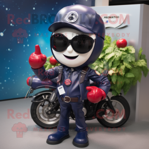 Navy Cherry mascot costume character dressed with a Moto Jacket and Sunglasses