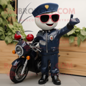 Navy Cherry mascot costume character dressed with a Moto Jacket and Sunglasses