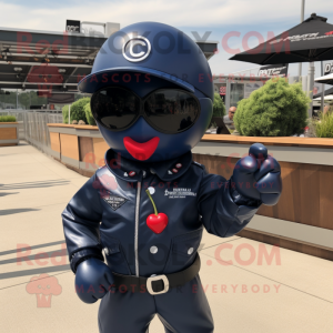 Navy Cherry mascot costume character dressed with a Moto Jacket and Sunglasses