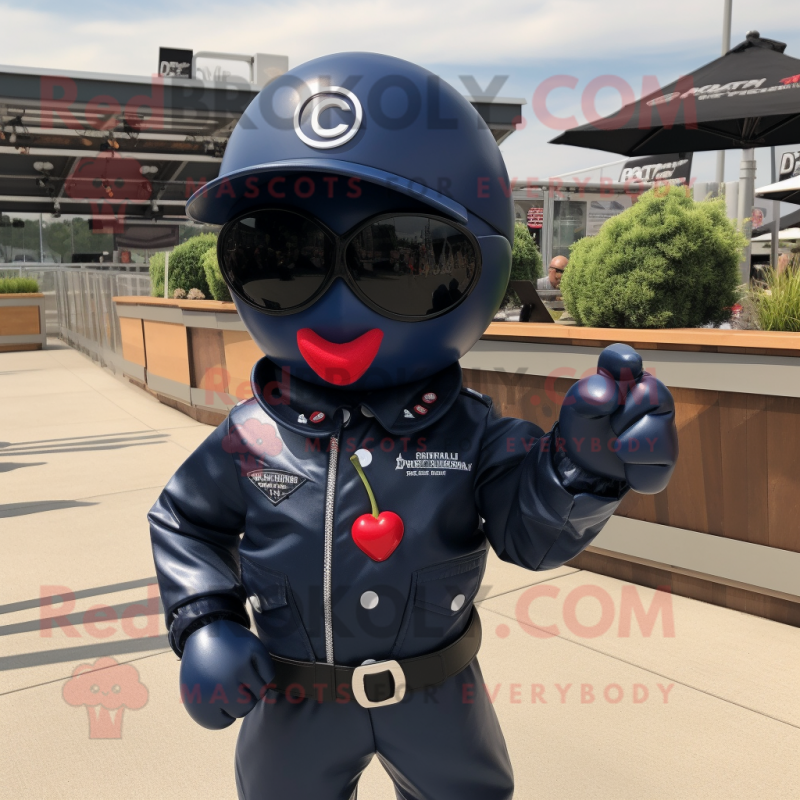 Navy Cherry mascot costume character dressed with a Moto Jacket and Sunglasses Navy Cherry mascot costume character dressed with a Moto Jacket and Sunglasses
