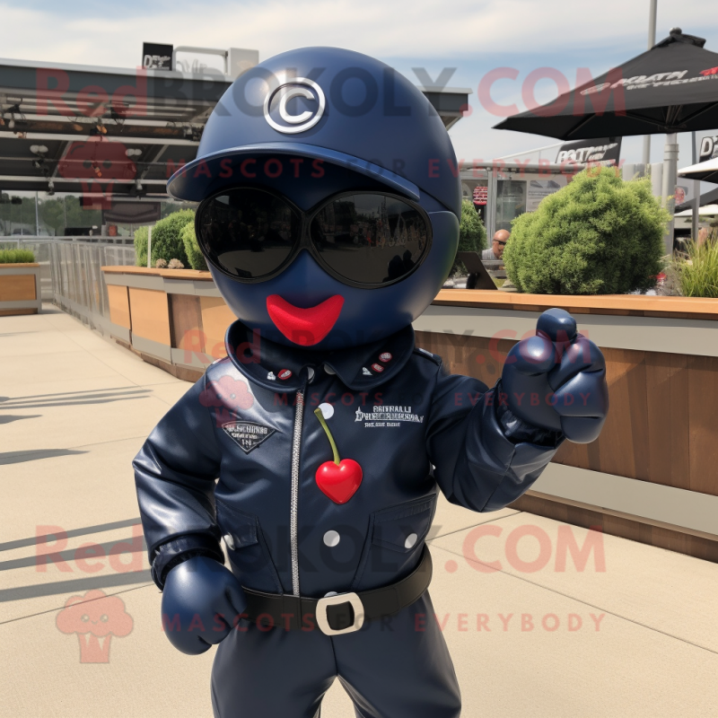 Navy Cherry mascot costume character dressed with a Moto Jacket and Sunglasses