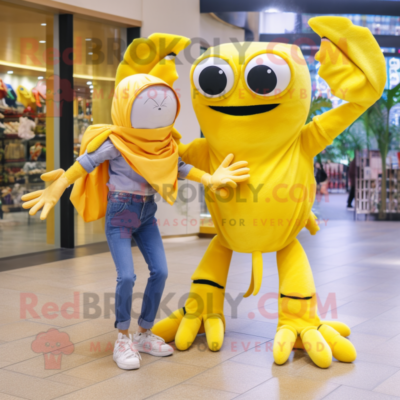 Lemon Yellow Crab mascot costume character dressed with a Boyfriend Jeans and Scarves