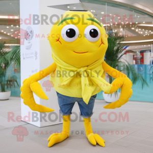 Lemon Yellow Crab mascot costume character dressed with a Boyfriend Jeans and Scarves
