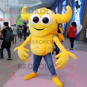 Lemon Yellow Crab mascot costume character dressed with a Boyfriend Jeans and Scarves