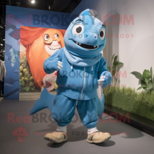 Sky Blue Tuna mascot costume character dressed with a Joggers and Gloves