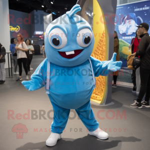 Sky Blue Tuna mascot costume character dressed with a Joggers and Gloves