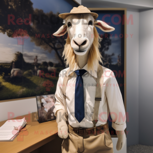 Beige Boer Goat mascot costume character dressed with a Oxford Shirt and Tie pins