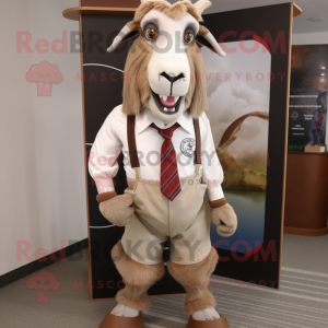 Beige Boer Goat mascot costume character dressed with a Oxford Shirt and Tie pins
