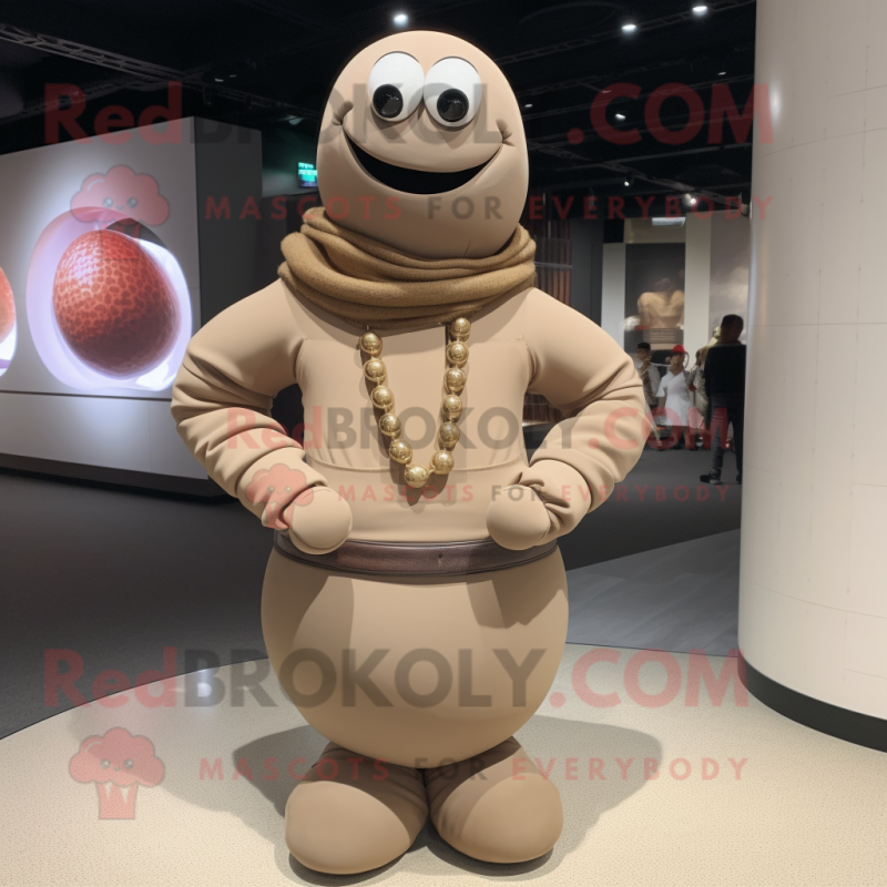 Tan Human Cannon Ball mascot costume character dressed with a Turtleneck and Necklaces Tan Human Cannon Ball mascot costume character dressed with a Turtleneck and Necklaces