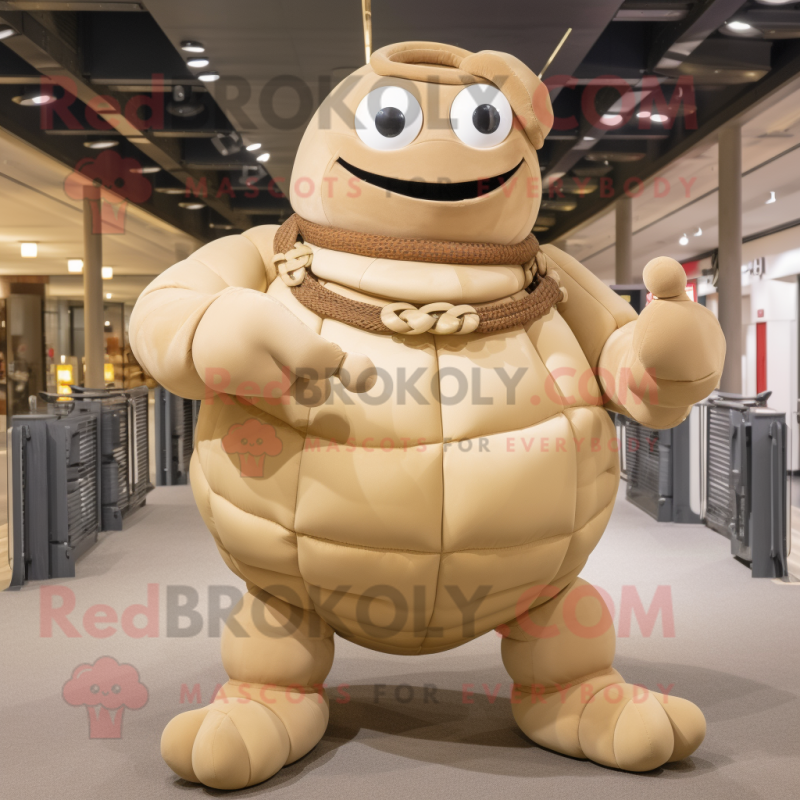 Tan Human Cannon Ball mascot costume character dressed with a Turtleneck and Necklaces Tan Human Cannon Ball mascot costume character dressed with a Turtleneck and Necklaces