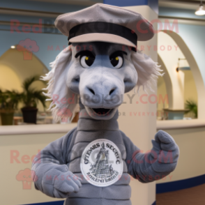 Gray Sea Horse mascot costume character dressed with a Henley Tee and Hats