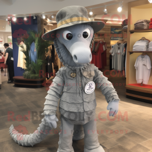 Gray Sea Horse mascot costume character dressed with a Henley Tee and Hats