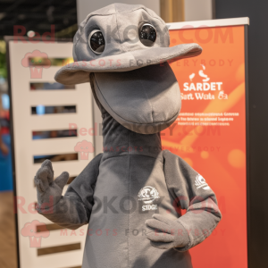 Gray Sea Horse mascot costume character dressed with a Henley Tee and Hats