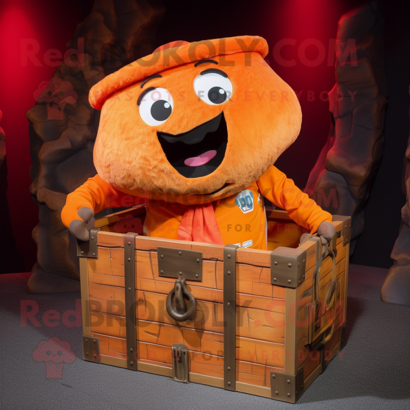 Orange Treasure Chest mascot costume character dressed with a Cargo Pants and Belts Orange Treasure Chest mascot costume character dressed with a Cargo Pants and Belts