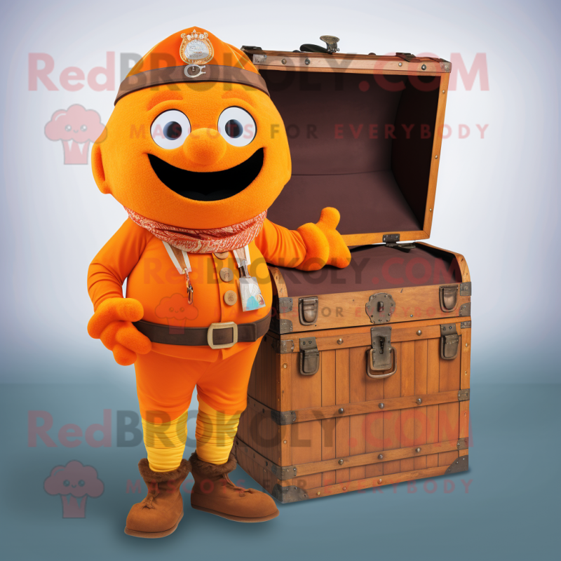 Orange Treasure Chest mascot costume character dressed with a Cargo Pants and Belts Orange Treasure Chest mascot costume character dressed with a Cargo Pants and Belts