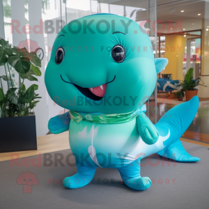 Turquoise Whale mascot costume character dressed with a Bikini and Hair clips